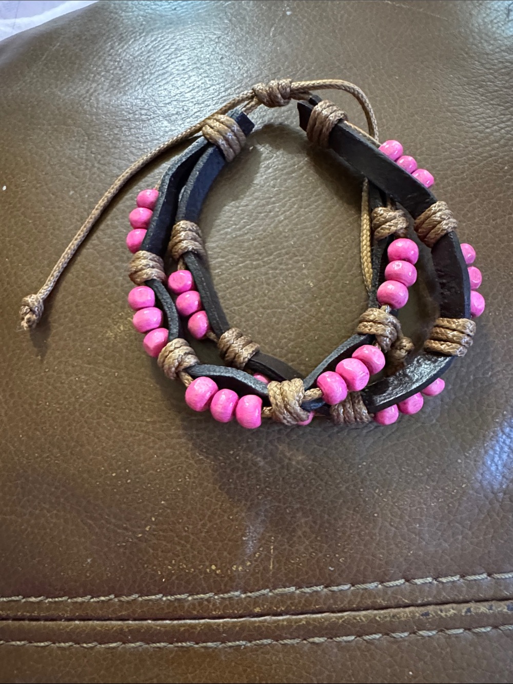 Pink Beaded Leather Wrap Bracelet